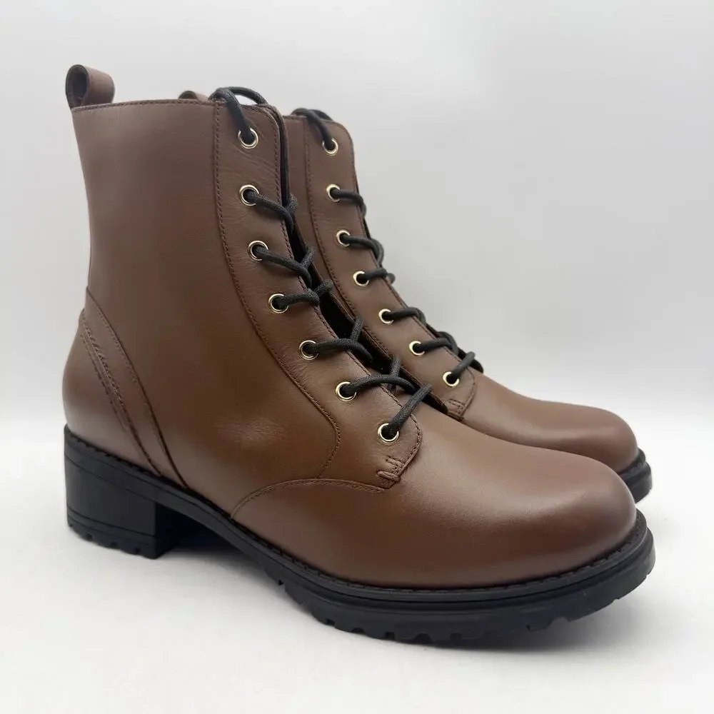 Cole Haan Womens Camea Combat Boots US 7 Brown Leather Zip Side Waterproof NWOB - Picture 5 of 12